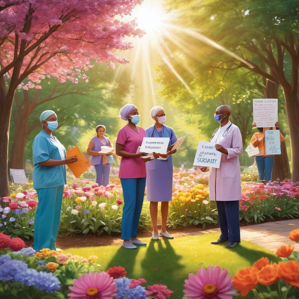 A powerful scene of diverse individuals united together in a vibrant outdoor setting, holding signs that symbolize advocacy for cancer care and patient support. Include elements like a supportive healthcare professional interacting with patients, flowers representing hope, and soft sunlight filtering through trees. Emphasize a sense of community and empowerment. colorful illustration. vibrant colors. 3D.