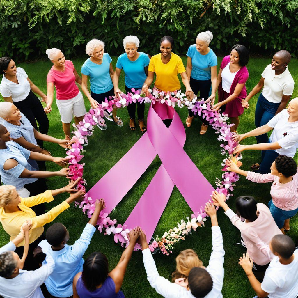 A vibrant community gathering with diverse individuals celebrating resilience, holding hands in a circle around a large, blooming cancer awareness ribbon. In the background, banners promoting support and empowerment, with lush greenery symbolizing growth and hope. Uplifting expressions and gestures show unity and strength. Super-realistic. Bright, uplifting colors.