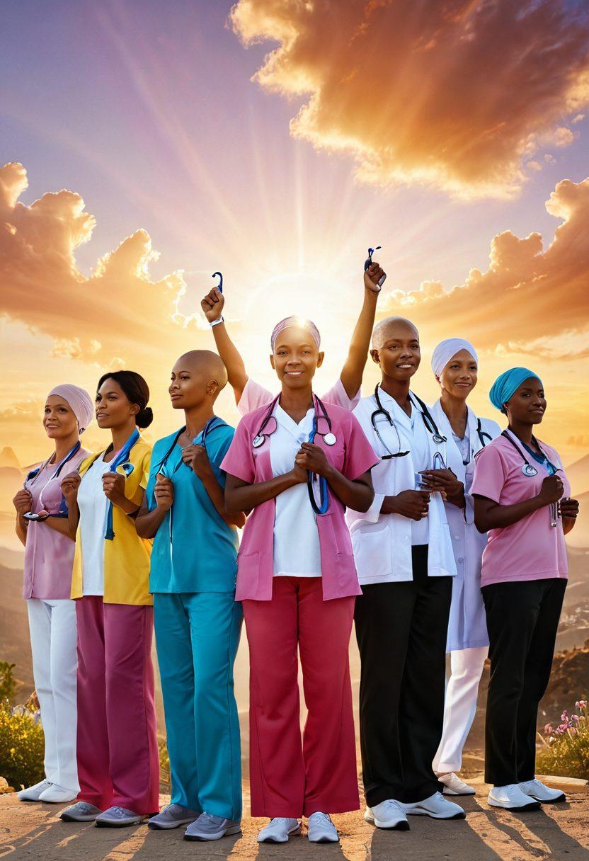 A powerful image depicting a diverse group of cancer survivors standing together, exuding strength and hope, with a scenic background of a sunrise symbolizing new beginnings. Include visual elements like ribbons of various cancer awareness colors flowing in the wind, alongside wellness symbols such as a stethoscope, lotus flower, and a healthy meal. The scene conveys empowerment, unity, and resilience. vibrant colors. super-realistic.
